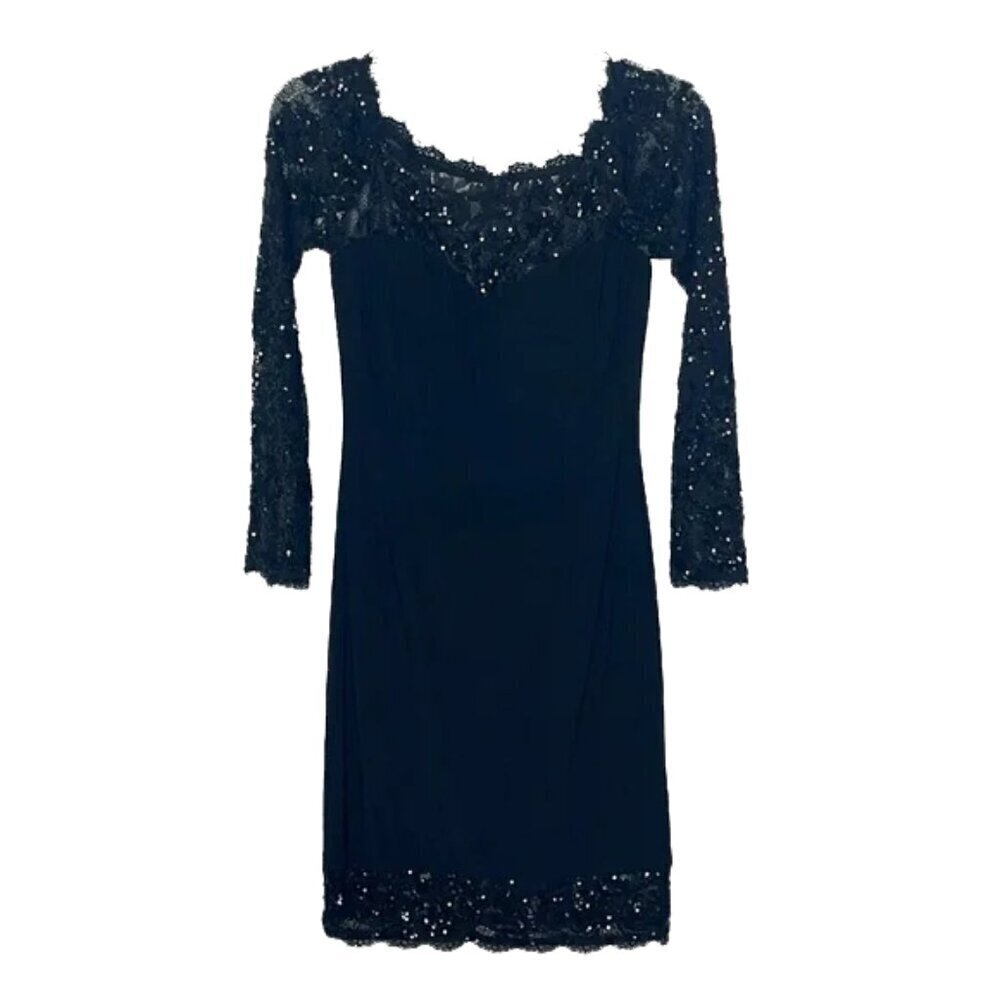 Betsy & Adam Navy Blue Sequin Lace Sheath Dress